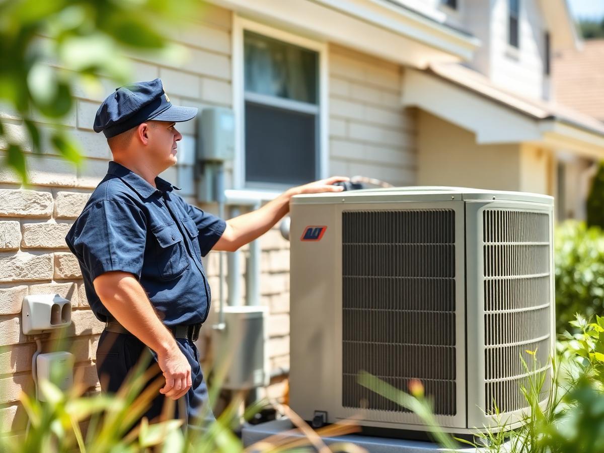 HVAC technician servicing an outdoor air conditioning condenser unit at a home